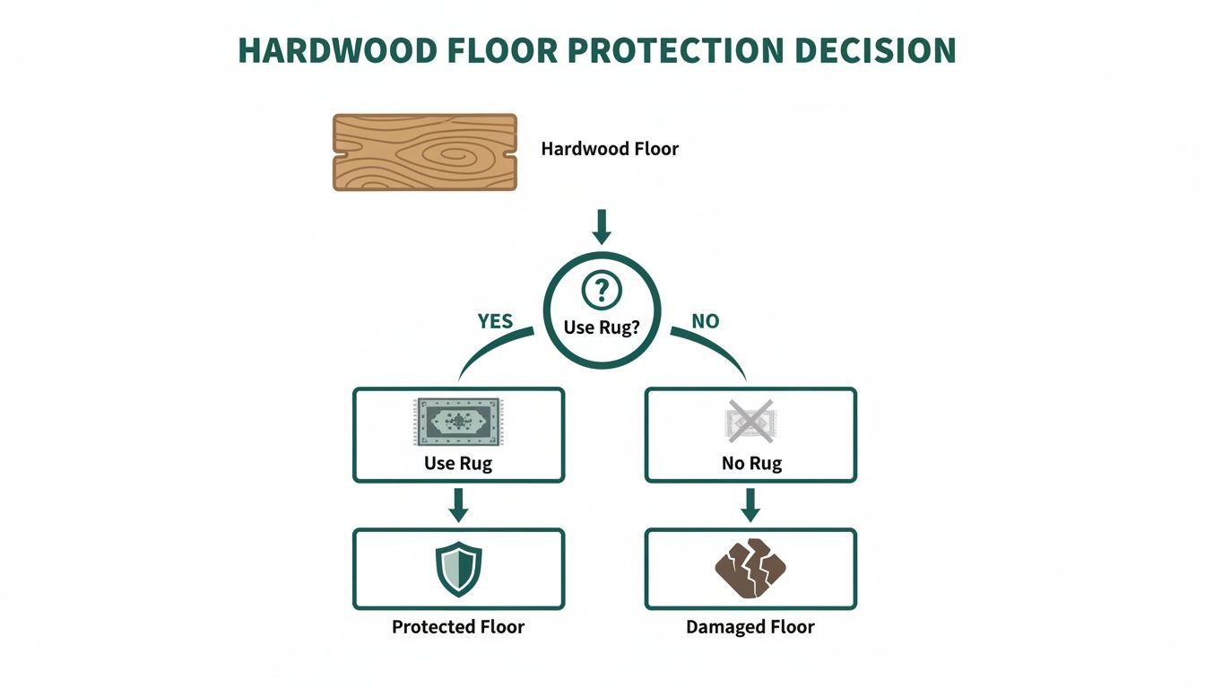 A flowchart decision tree demonstrating that using a rug protects hardwood floors, while not using one leads to damage.