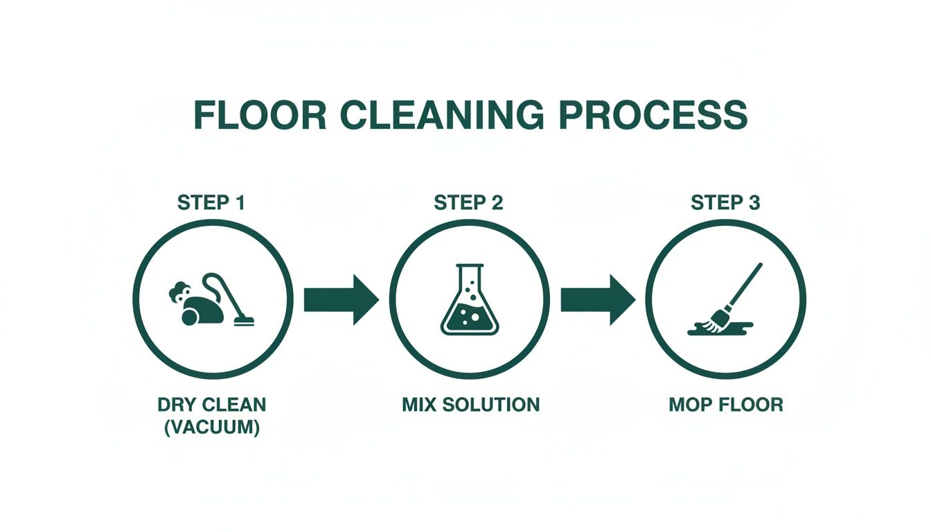 Diagram illustrating a three-step floor cleaning process: dry clean (vacuum), mix solution, and mop floor.