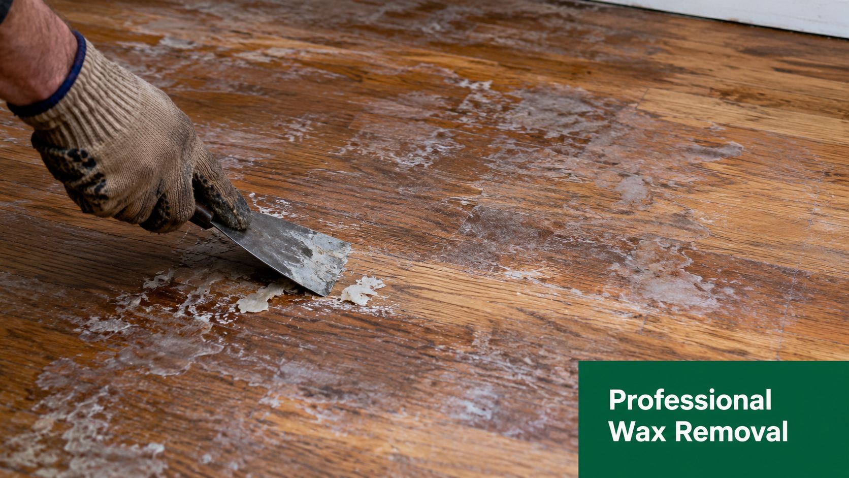 A gloved hand uses a metal putty knife to scrape old wax from a hardwood floor surface.