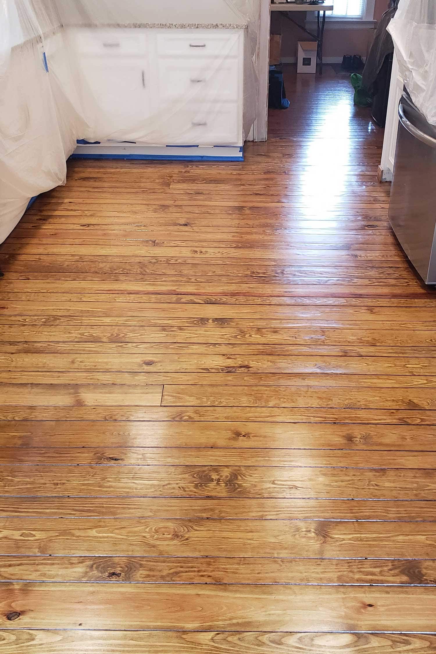 Oak living-room hardwood floor refinished by Buff & Coat in a Richmond-area home